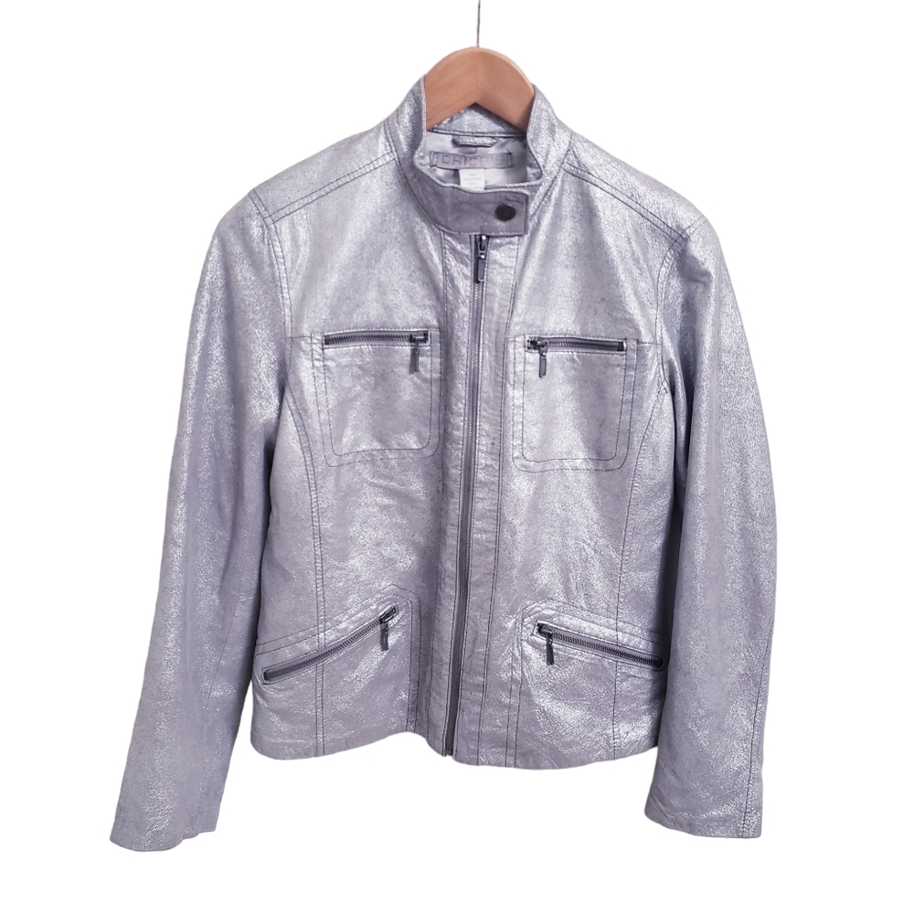Chico’s Metallic Silver Leather Motto Full Zip Motorcycle Jacket, Chico's Size 0